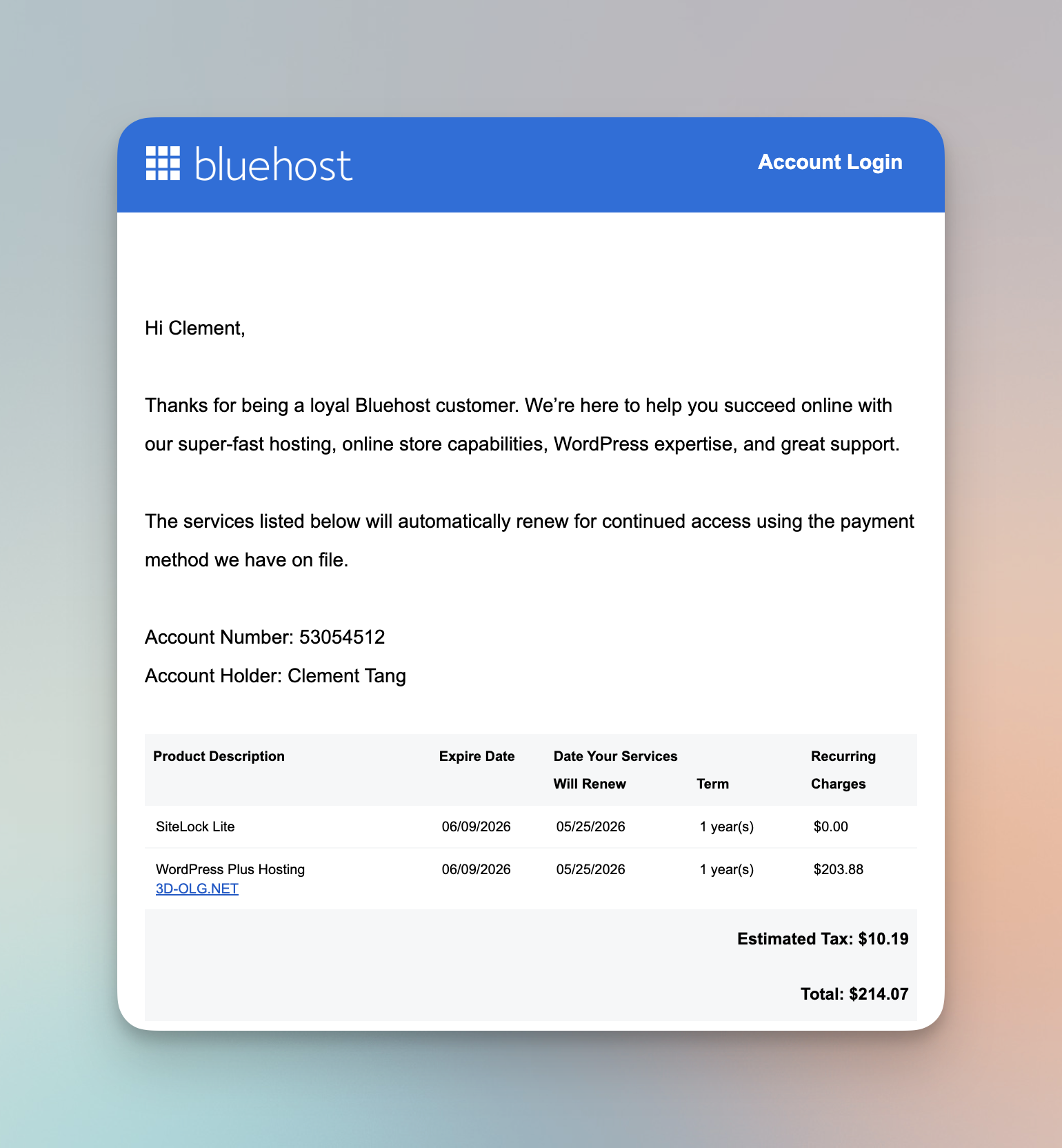 Bluehost 4/25 寄來的續約通知信,WordPress Plus Hosting + 3D-OLG.NET 一年含稅 $214.07